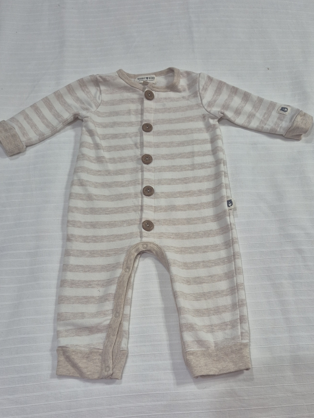 Rabbit + Bear Organic Cotton Beige Stripe Baby One-Piece 6-9M.